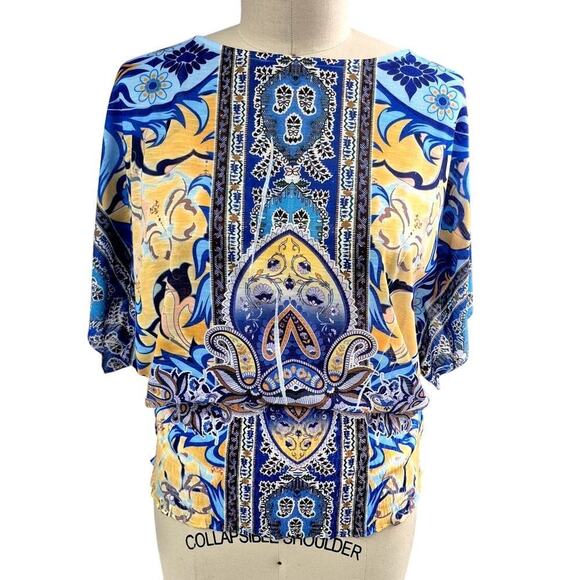 80s Energe world wear 100% Polyester Top Blue/Yellow Wide Waistband Sz L - Picture 1 of 4